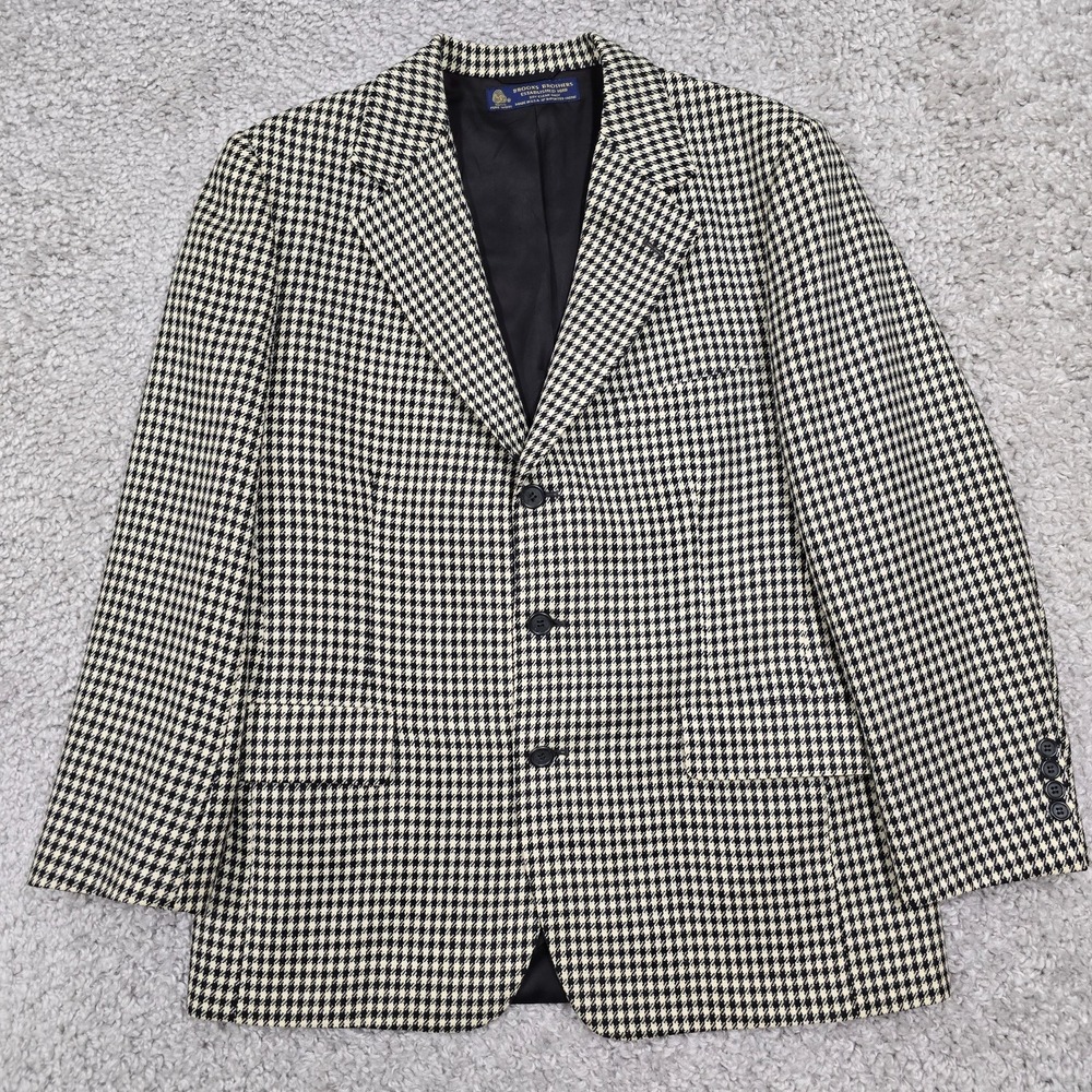 Brooks Brothers Houndstooth Blazer Mens 41S Black Cream Pure Wool Dark Academia